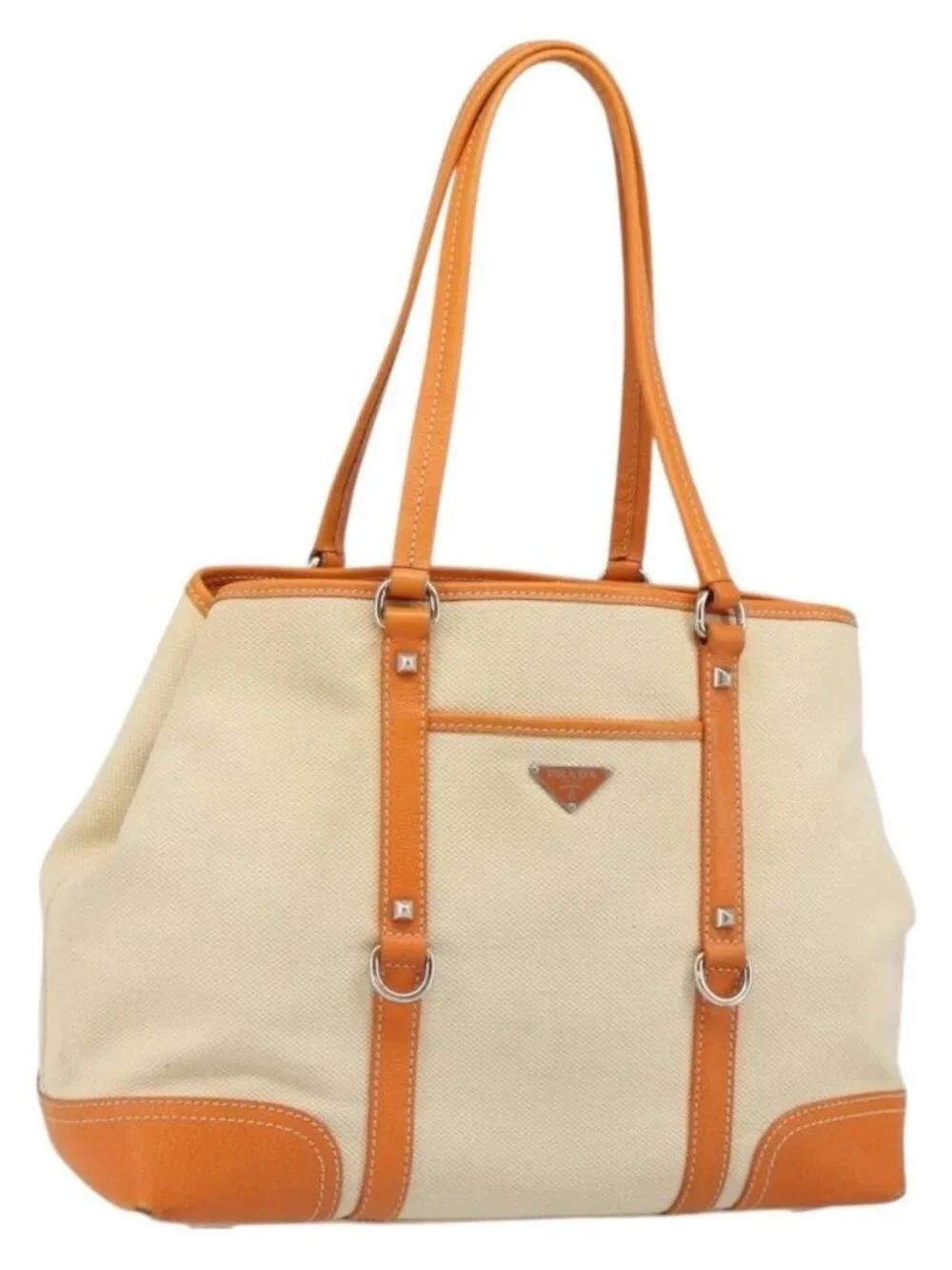 PRADA Tote Bag Canvas Beige Silver Auth ka4818V